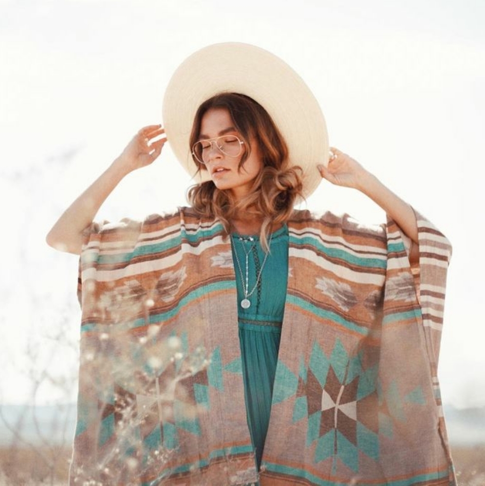 NWT Revolver Peyote Shrug Short Robe Kimono Tan OS Turquoise Aztec Shawl Brown
